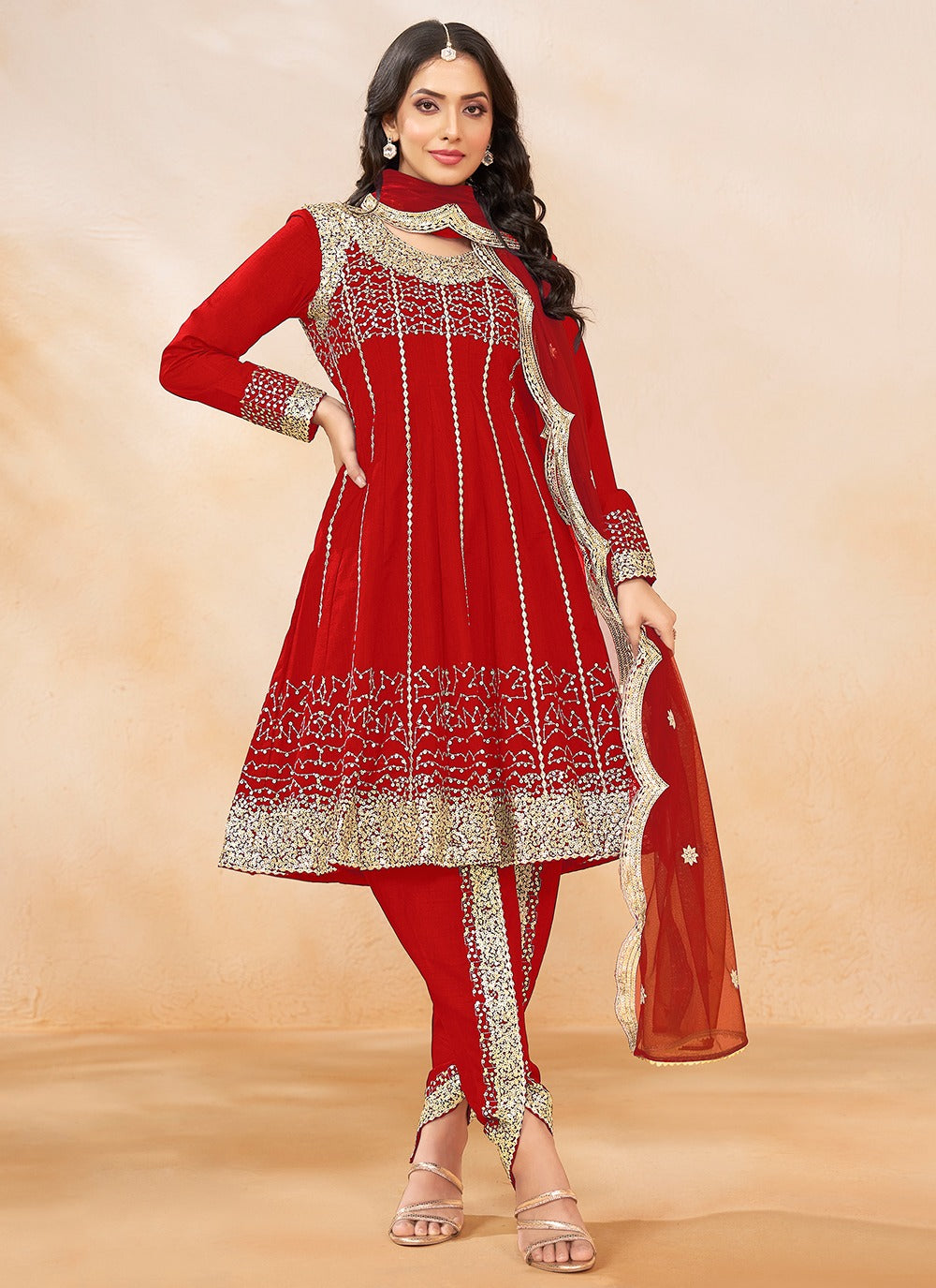 Red Color Art Silk Stylish Punjabi Dhoti Style Suit For Party Wear