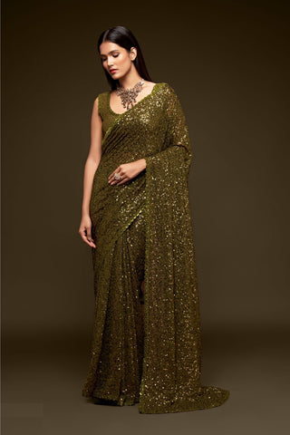 Olive Green Sequined Georgette Wedding Wear Saree