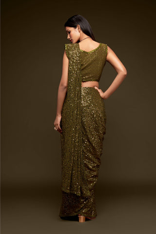 Olive Green Sequined Georgette Wedding Wear Saree