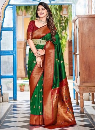 Pure dark green paithani silk saree for women
