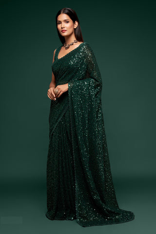 Georgette deep green saree for wedding