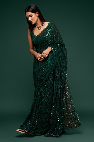 Georgette deep green saree party wear