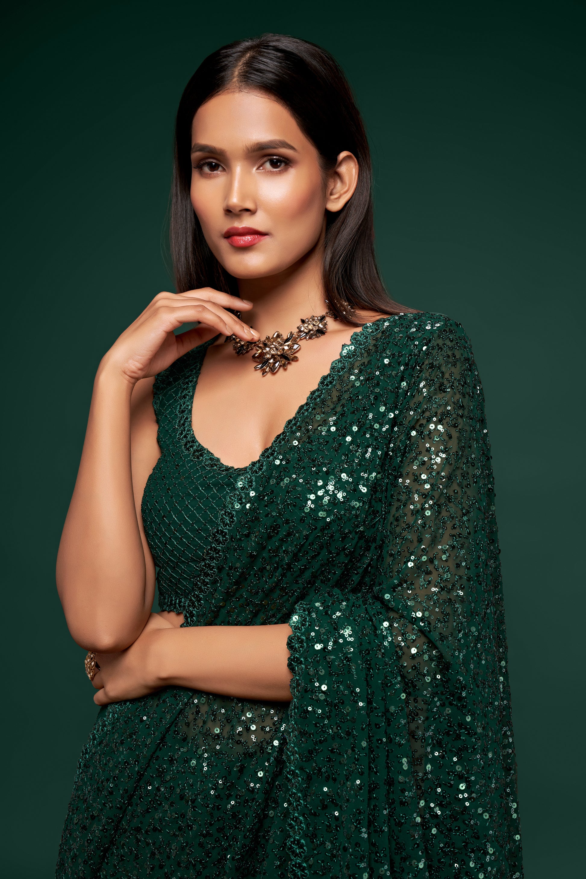 Georgette deep green saree for wedding