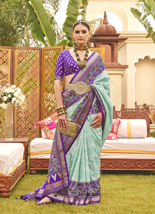 Sky blue patola printed silk saree for women online
