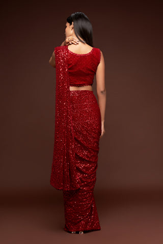 Beautiful Red Dual Sequins Saree Georgette Designer Bollywood Party Sari