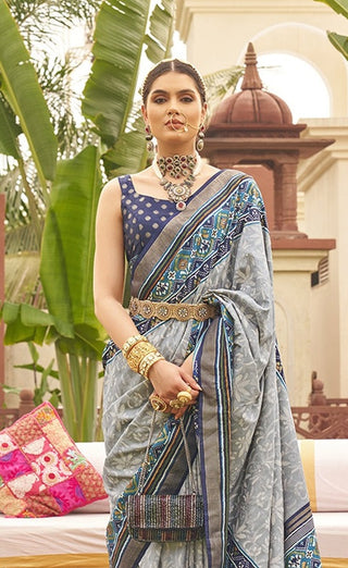 Grey color silk printed saree online price