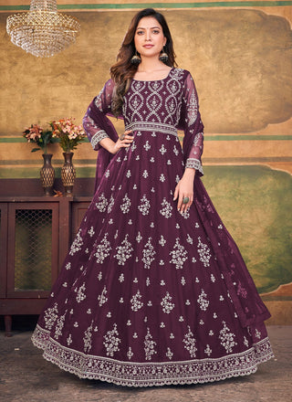 Long sleeve wine color georgette gown for women price
