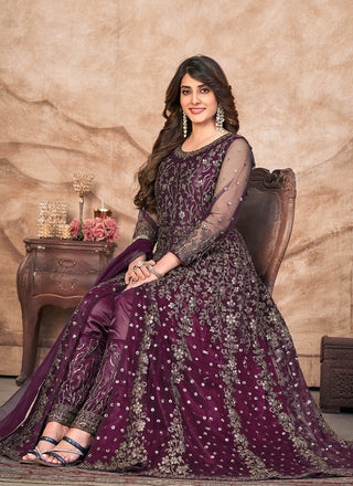 Wine color net salwar kameez for women online shopping
