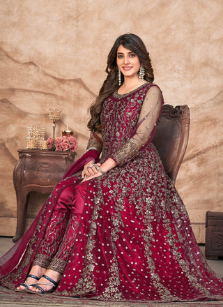 Maroon color net salwar kameez for women with dupatta
