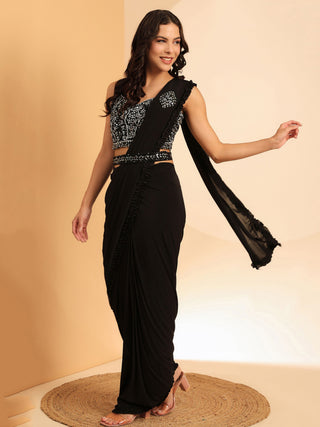 Ready to Wear Black Saree with Mirror Work Stitched Blouse