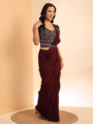 maroon ready-made pleated saree online