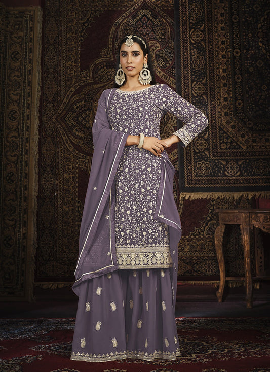 Lavender color georgette sharara suit with dupatta online