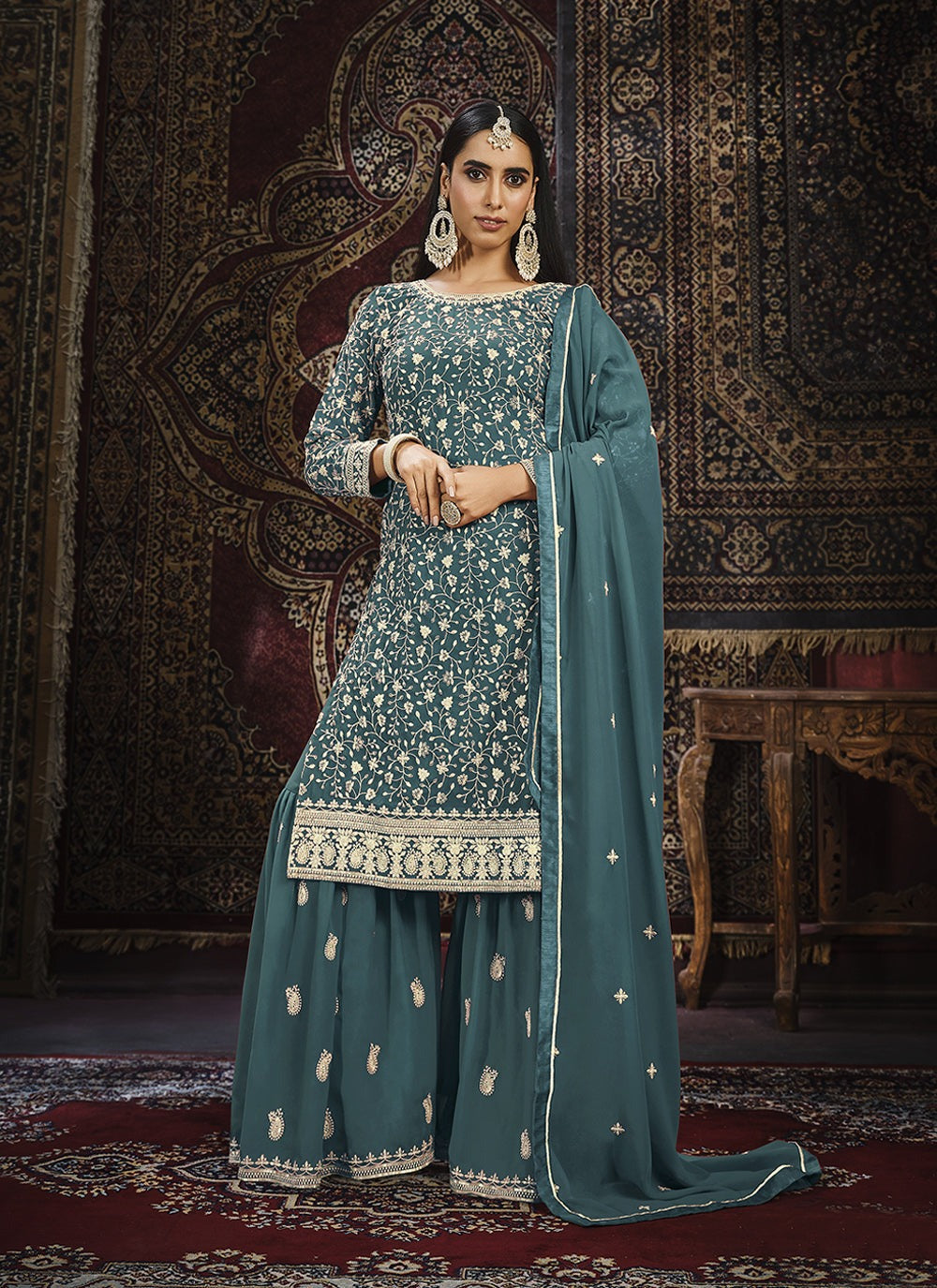 Peacock blue georgette sharara suit images