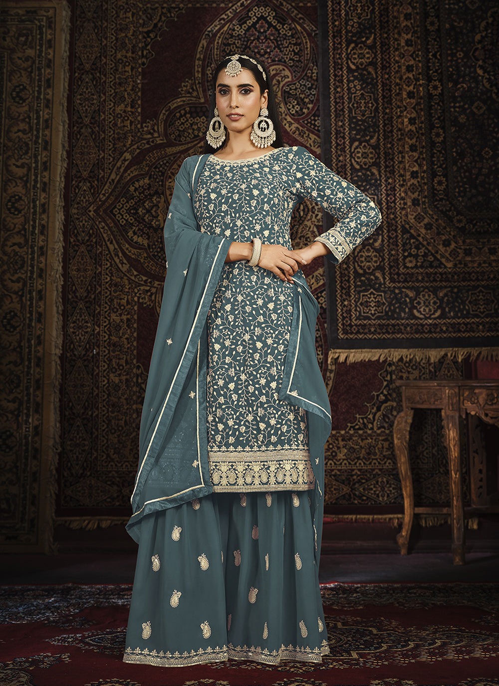 Peacock Blue embroidery work sharara suit for wedding wear