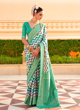 Teal green silk saree with blouse