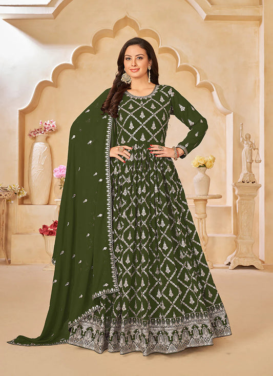 Mehendi color georgette long gown for women
