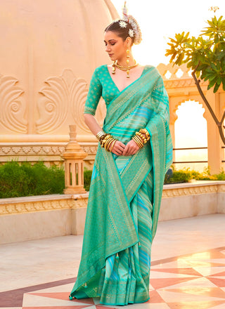 Rama color silk saree for women