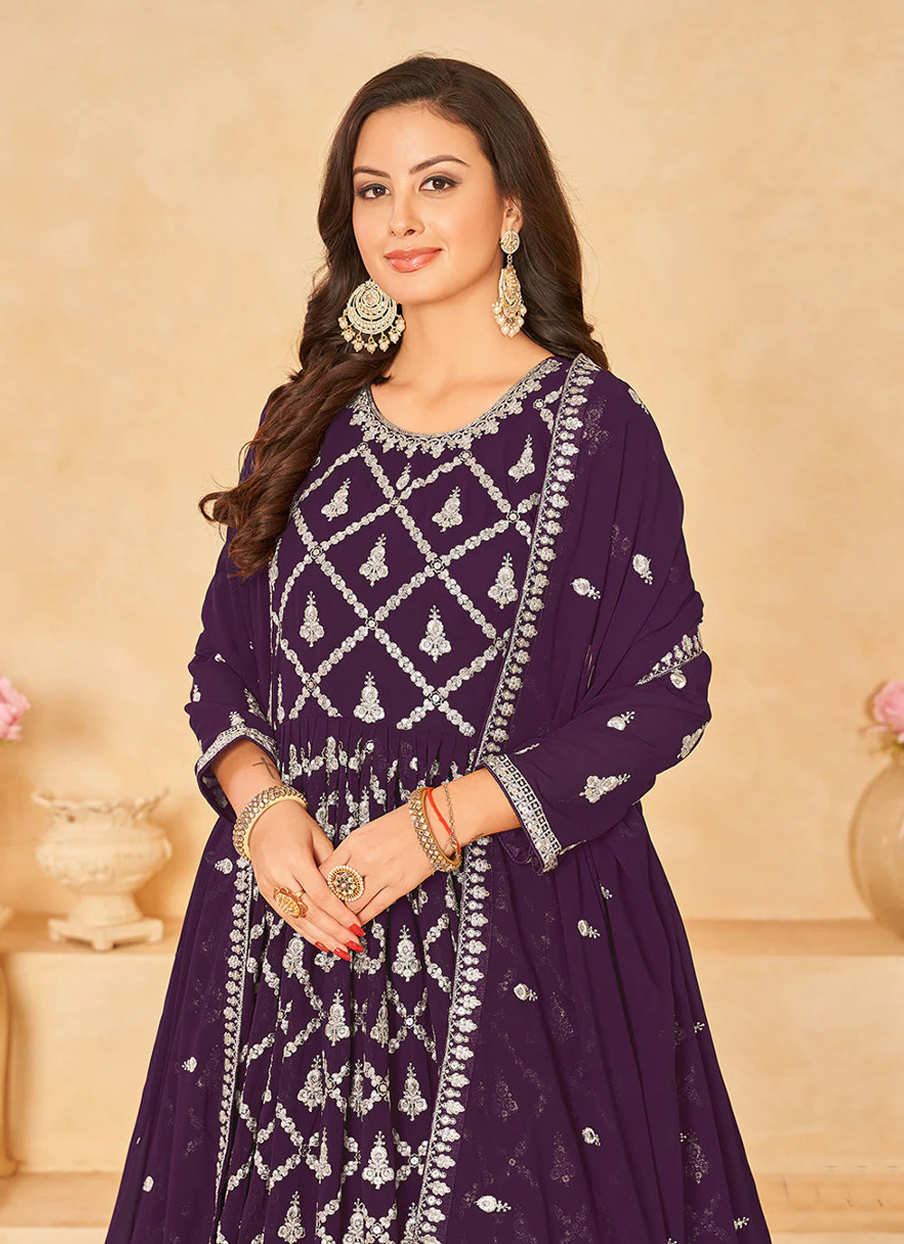 Wine color georgette long gown online shopping