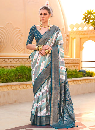 Teal blue color silk saree for women