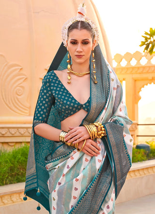 Teal blue color silk saree with blouse images