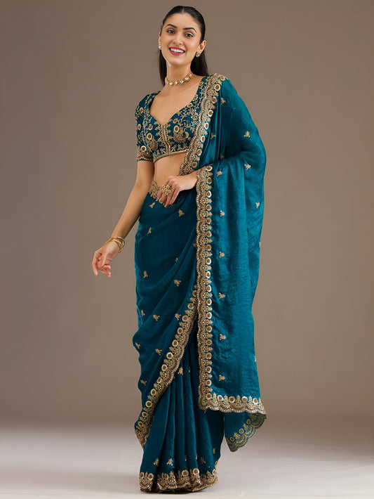 Dove Blue Tissue Sequins Embroidered Wedding Wear Saree