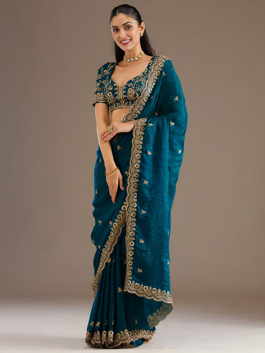 Dove Blue Tissue Sequins Embroidered Wedding Wear Saree