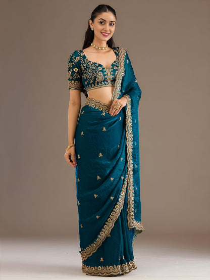 Dove Blue Tissue Sequins Embroidered Wedding Wear Saree