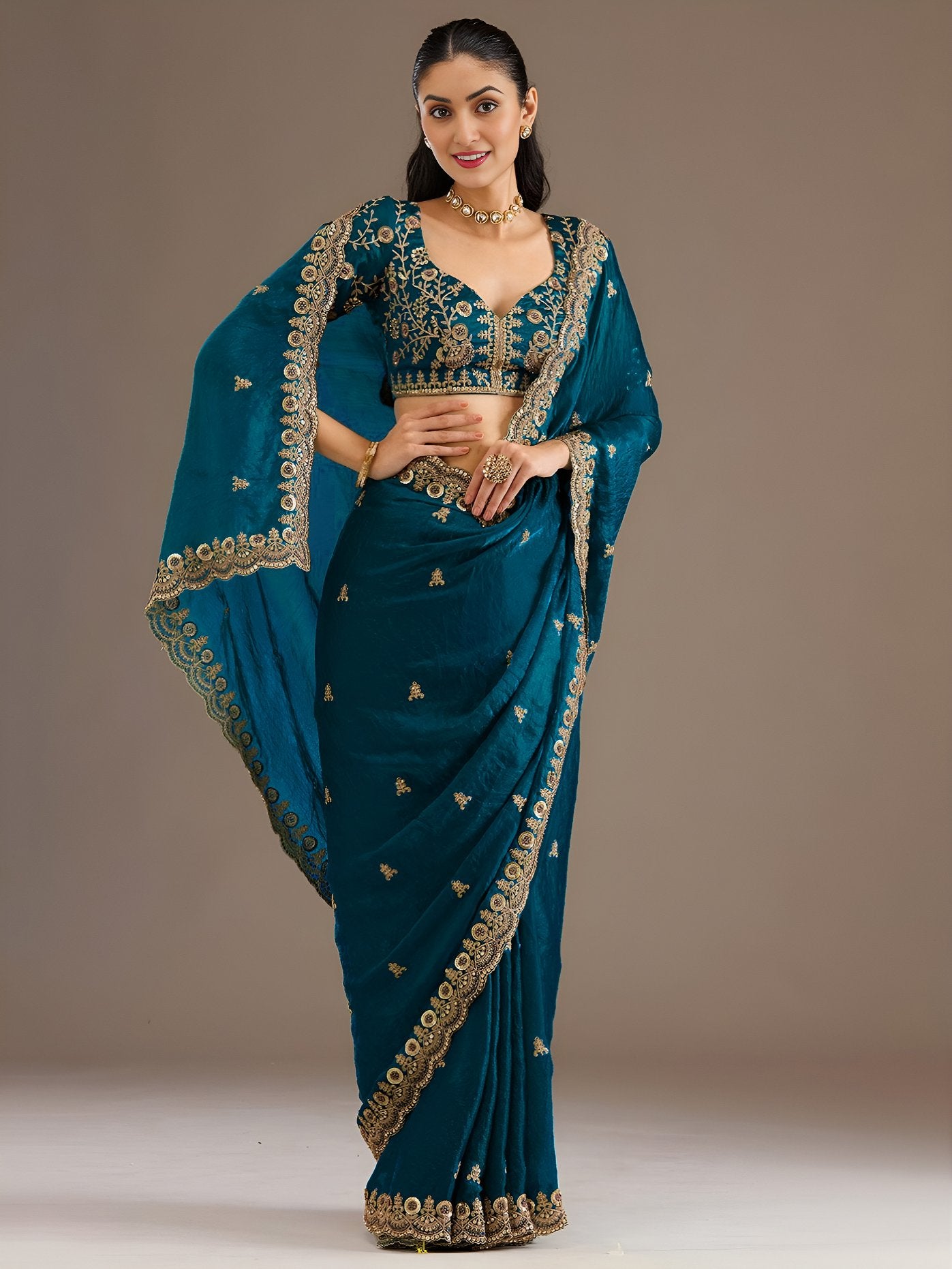 Dove Blue Tissue Sequins Embroidered Wedding Wear Saree