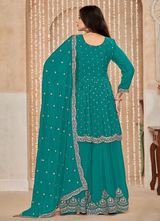 Teal green sequins sharara suit with dupatta online shopping