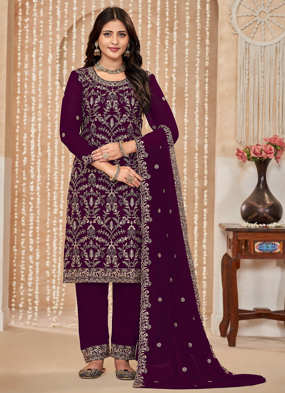 wine georgette salwar suit party wear with dupatta online shopping
