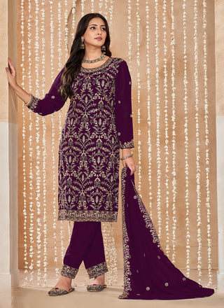 wine georgette salwar suit party wear with dupatta online
