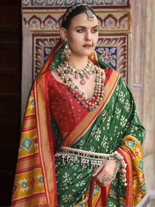 Green color printed saree with blouse online