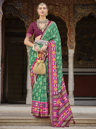 Green color silk printed saree for women price
