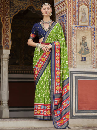 Parrot green color silk printed saree for women price
