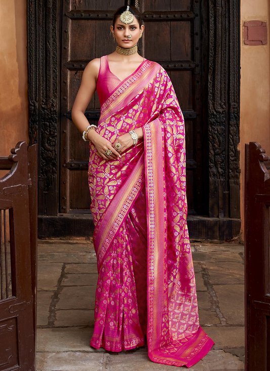 Pink color banarasi silk saree for women