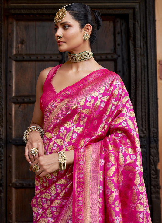 Pink color weaving saree online