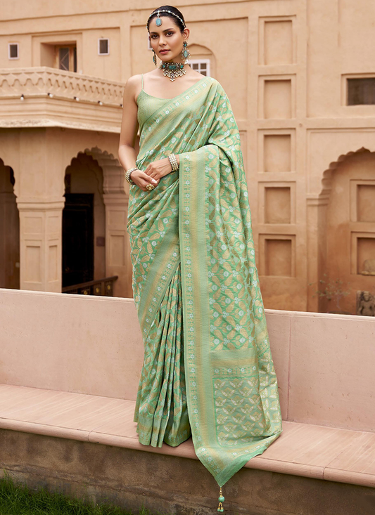 Light green color banarasi silk saree for women price

