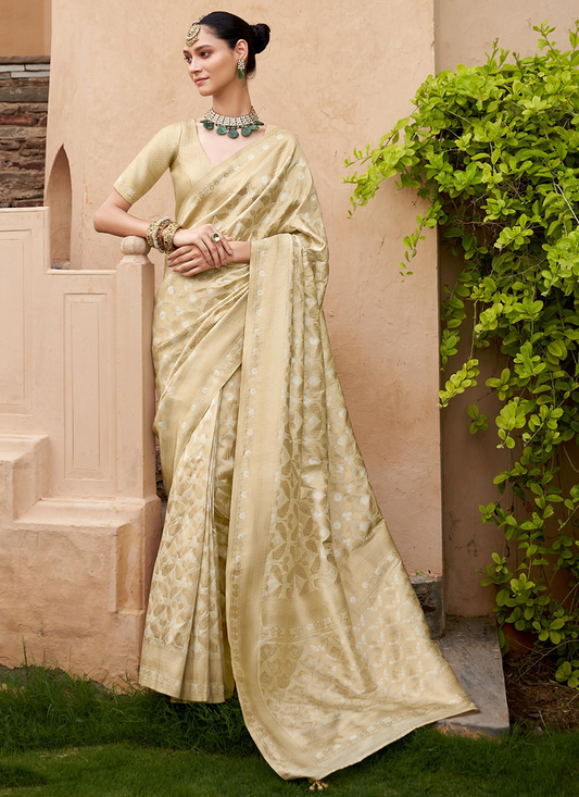Beige color banarasi silk saree for women price
