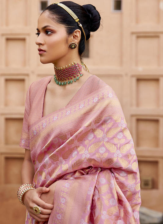 Pink color banarasi silk saree for women price

