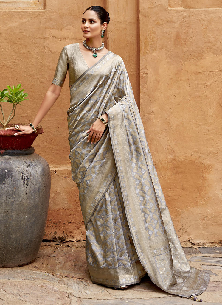 Dark grey color banarasi silk saree for women
