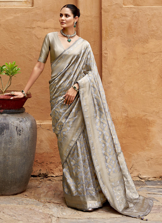 Dark grey color banarasi silk saree for women
