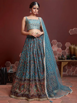 Sky Blue printed silk lehenga choli