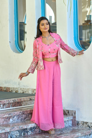 Pink color georgette sharara suit with koti price