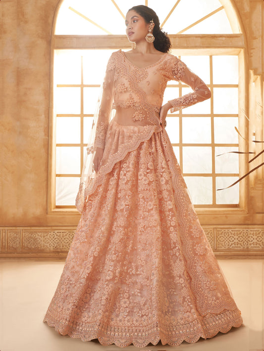 Peach color soft net lehenga choli