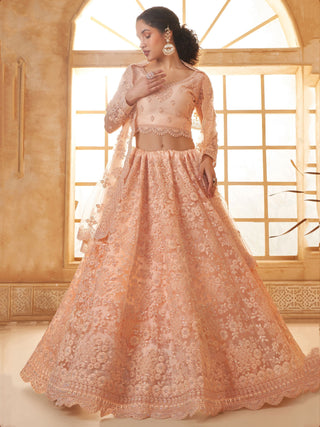 Peach color soft net lehenga choli images