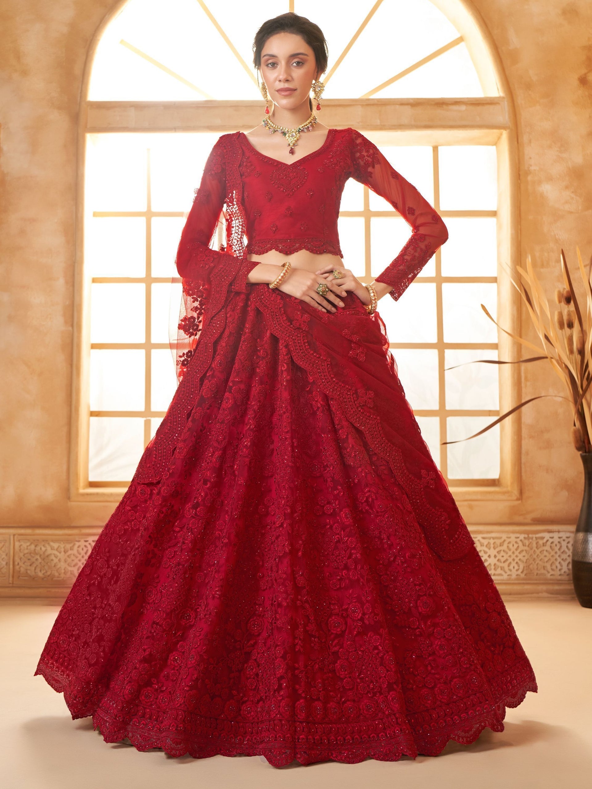 Sabyasachi Red Color Net Embroidered Engagement Lehenga Choli SEMI-STITCHED / Red Sabyasachi Red Color Net Embroidered Engagement Lehenga Choli SEMI-STITCHED / Red