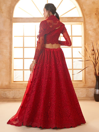 Red color soft net fancy lehenga choli for reception wear