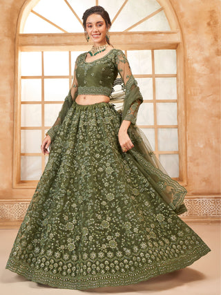 Mehendi color soft net lehenga choli for women