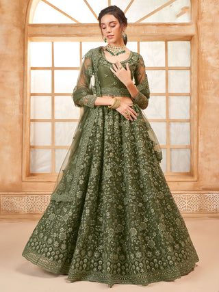 Mehendi color soft net lehenga choli 