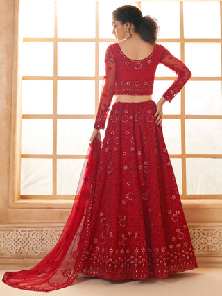 Red color coding work lehenga choli images